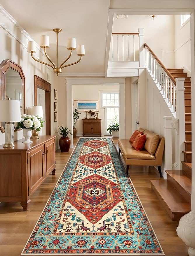 SERISSA Runner Rug for Hallways, 3x10 Washable Non Slip Kitchen Runner Rug, Long Boho Rug Vintage Orange Hallway Stair Ultra Soft Print Floor Carpet for Bedroom Bathroom Laundry Room