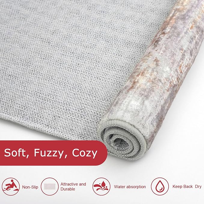 KOZYFLY Modern Abstract Hallway Runner Rug, 2.6x8 Washable Rug Runner Non-Slip Soft Striped Kitchen Runner Rugs, Print Multi Grey/Orange Carpet Runner for Entryway Bathroom