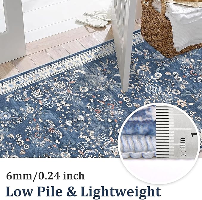 Yamaziot Washable Runner Rug 2x8 – Non Slip Boho Floral Hallway Runner Rug with Rubber Backing, Low Pile Wool Distressed Carpet for Kitchen, Laundry, Bedroom, Entrance, Blue