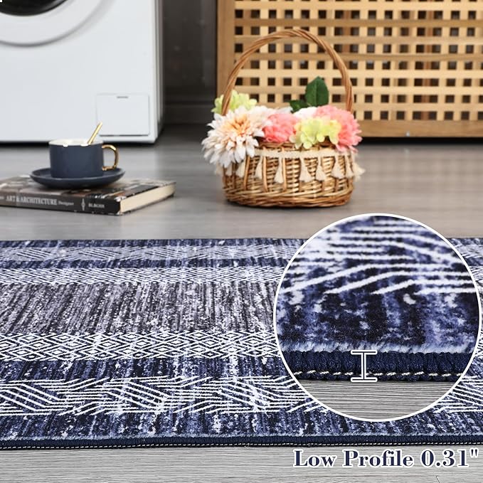 Washable 2.5x10 Kitchen Runner Navy Blue Rug, Easy Clean Geometri Rugs for Hallway Entryway, Indoor Outdoor Non Slip Rug Farmhouse Morden Carpet Door Mat Area Rug for Laundry Room Grey