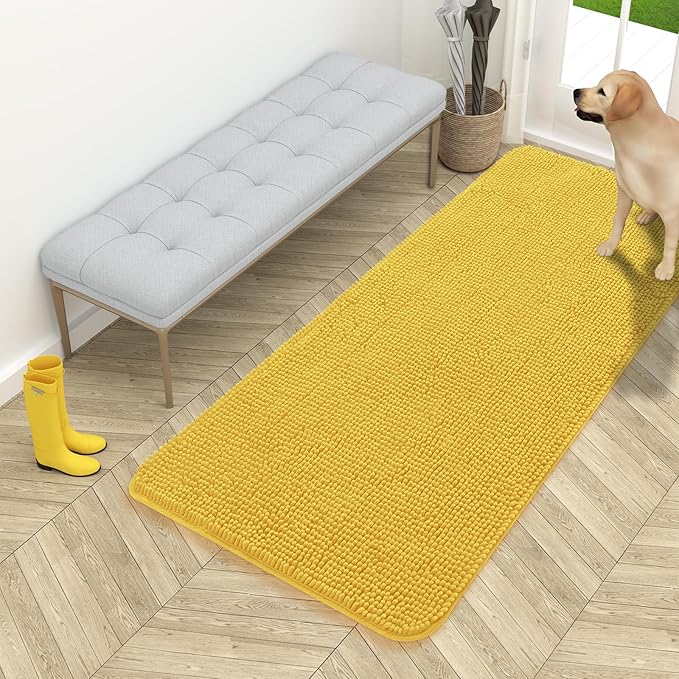 OLANLY Dog Door Mat for Muddy Paws 54x24, Absorbs Moisture and Dirt, Absorbent Non-Slip Washable Doormat, Quick Dry Chenille Mud Mat for Dogs, Entry Indoor Entryway Carpet for Inside Floor, Yellow