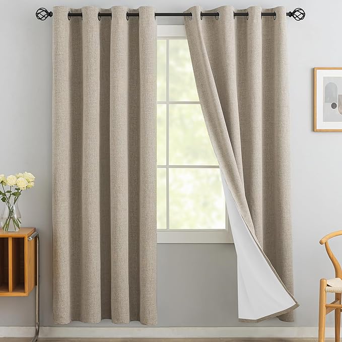 Yakamok Natural Linen Curtains 100% Blackout 72 Inches Long,Room Darkening Textured Curtains for Living Room Thermal Grommet Bedroom Curtains 2 Panels with Greyish White Liner