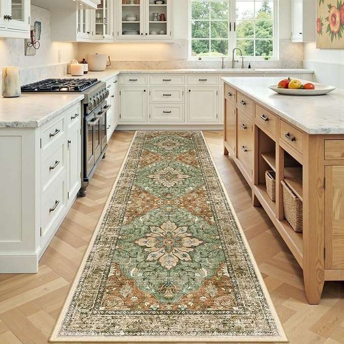 Area Rugs 2'x8' Runner Rug Non Slip Washable for Kitchen Hallway Bedroom Beside Laundry Room Bathroom Rug, Floor Carpet, Brick Red Rust Neutral Brown Burnt Orange Green