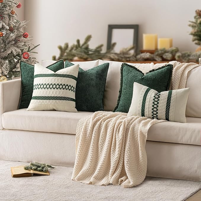 MIULEE Pack of 2 Christmas Green Couch Throw Pillow Covers 20x20 Inch Modern Boho Accent Decorative Pillow Covers Soft Chenille Farmhouse Cushion Covers for Home Decor Bed Sofa Living Room