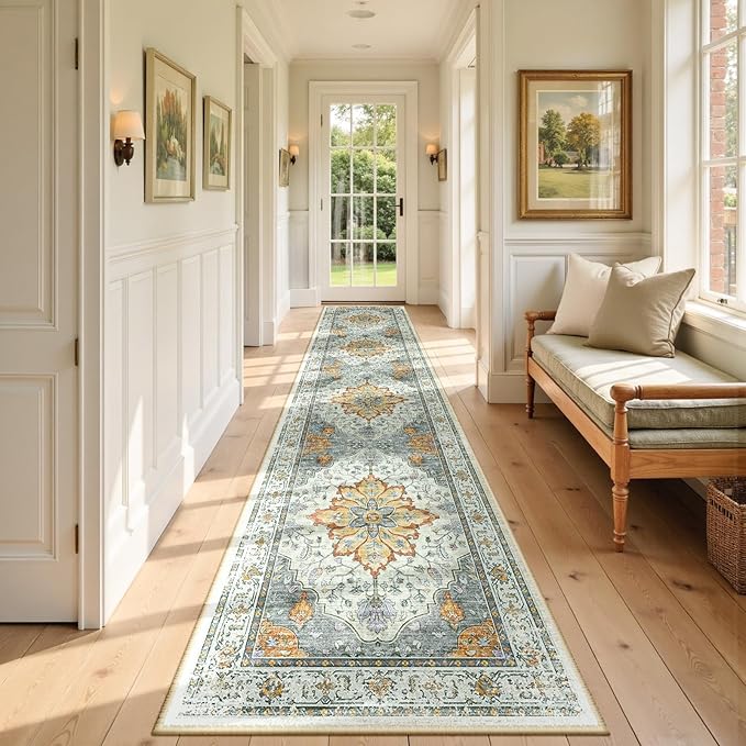 Area Rugs 2'6''x14' Runner Rug Non Slip Washable for Kitchen Hallway Bedroom Beside Laundry Room Bathroom Rug, Floor Carpet, Light Yellow Carbon Grey Orange