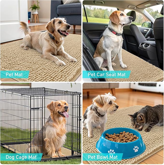 OLANLY Dog Door Mat for Muddy Paws 44x32, Absorbs Moisture and Dirt, Absorbent Non-Slip Washable Doormat, Quick Dry Chenille Mud Mat for Dogs, Entry Indoor Entryway Carpet for Inside Floor, Beige