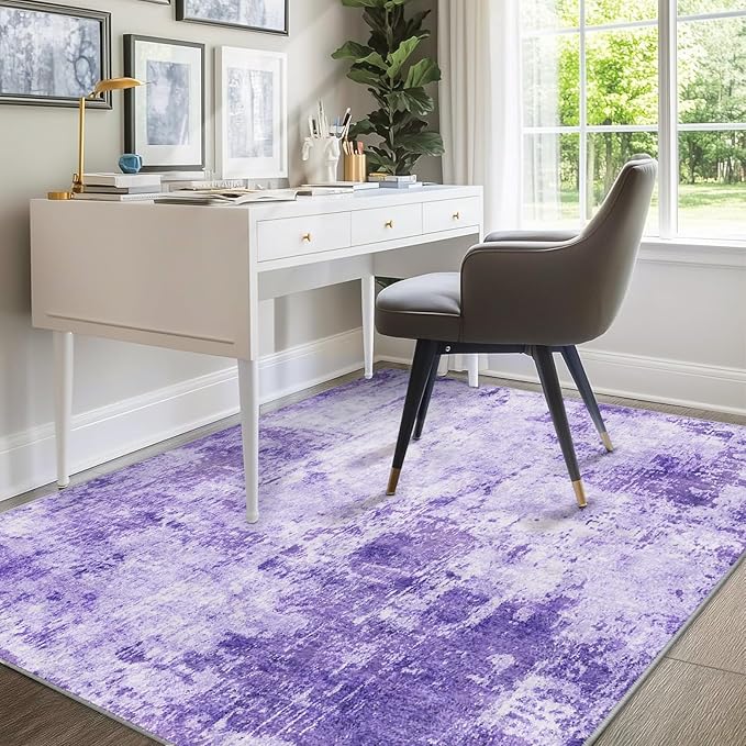 Washable Area Rugs 8'x10' Non-Slip Modern Abstract Soft for Living Room Entryway Bedroom Nursery, Print Pattern, Purple Gray Pink White