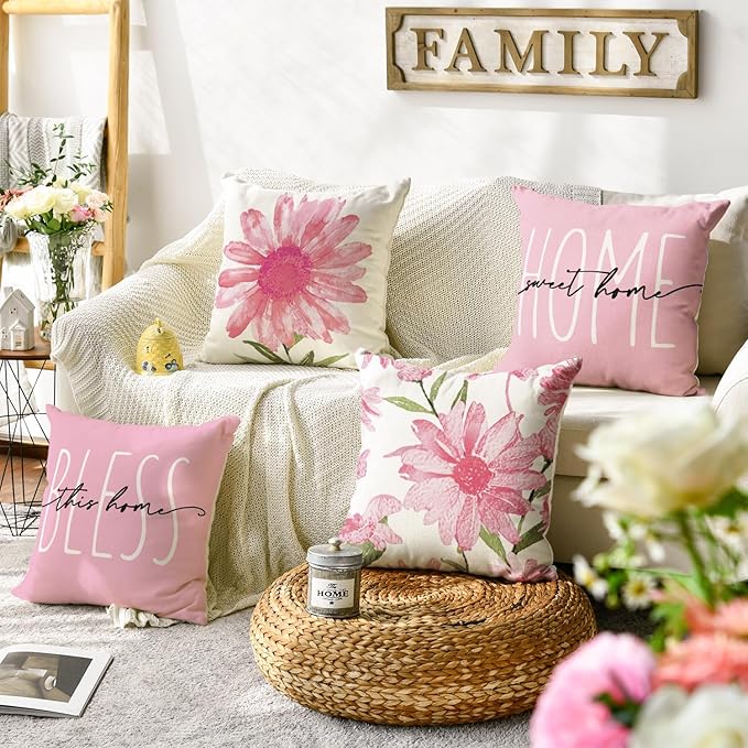 AVOIN colorlife Home Sweet Home Spring Summer Flowers Pink Throw Pillow Covers, 16 x 16 Inch Cushion Case for Sofa Couch Set of 4