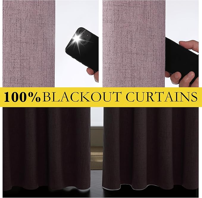 NICETOWN Chaise Mauve Vintage Linen 100% Blackout Curtains for Living Room, Thermal Insulated Curtains 95“ Long, Noise Reducing Window Treatment Drapes for Home Office, 62" Wide Per Panel, Set of 2
