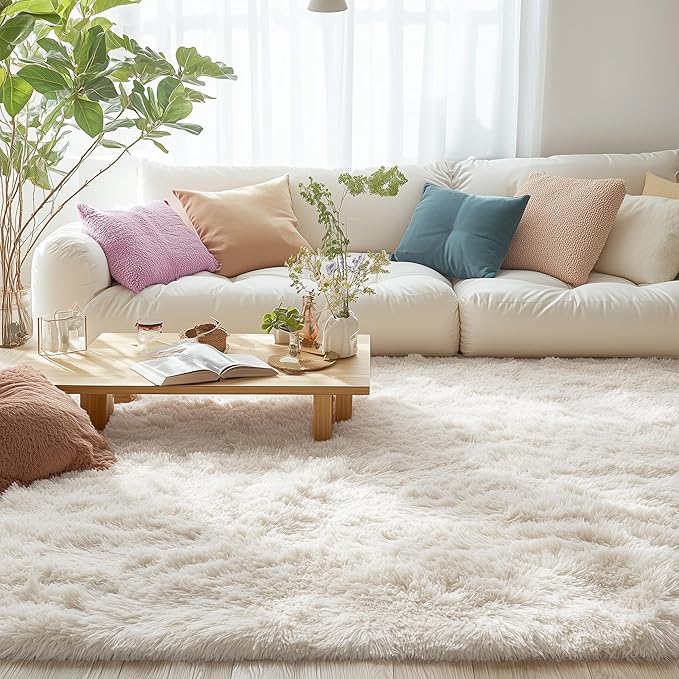 OLANLY 4x8 Area Rugs for Living Room Bedroom, Machine Washable Soft Fluffy Shaggy Bedside Rug, Indoor Floor Carpet for Kids Girls and Boys, Dorms, Nursery Rooms, Home Decor Aesthetic, Ivory