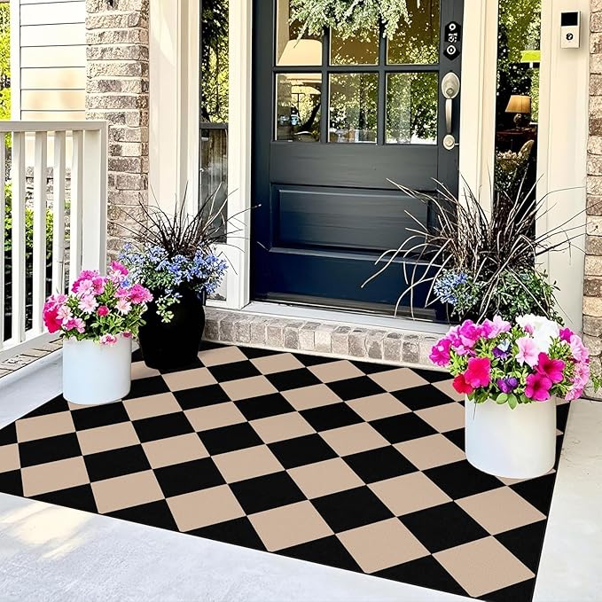 Black Tan Checkered Entry Rug - 3x5 Ft Non-Slip Washable Indoor Outdoor Front Door Mat Porch Rug Geometric Diamond Throw Carpet for Living Room Bedroom Entryway Kitchen Office Porch Decor