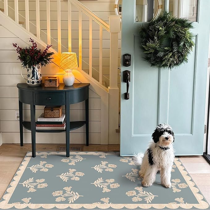 3x5 Floral Entry Rug - Small Washable Indoor Outdoor Mats for Front Door Non-Slip Porch Rug Blue Boho Farmhouse Scalloped Throw Rugs for Living Room Bedroom Entryway Kitchen Office Porch Decor