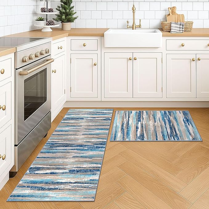 Lansny Modern Abstract Kitchen Rug Set of 2, 2x3 and 2x5 Blue Washable Rug Runner Non Slip Kitchen Mat, Soft Faux Wool Throw Carpet for Entryway, Hallway, Bedroom, Bedside, Laundry Room, Office