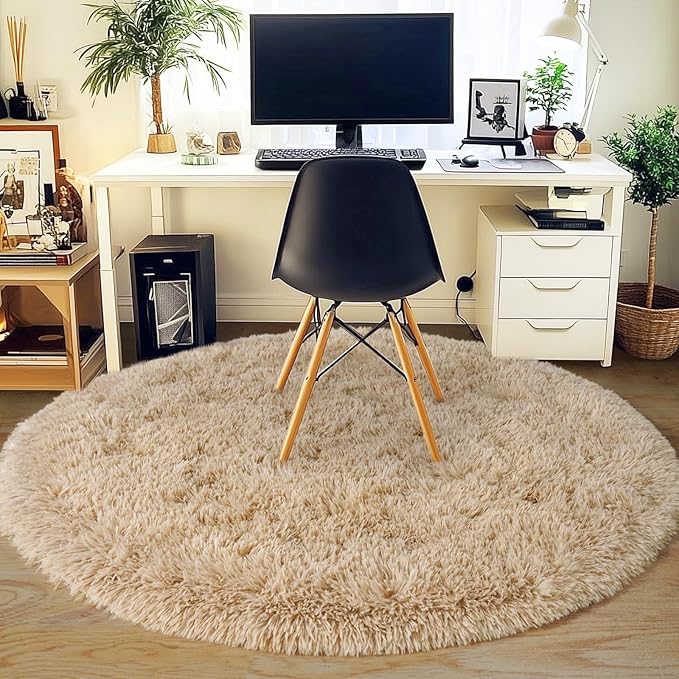 6‘x6’ Beige Round Rug for Bedroom, Ultra Soft Fluffy Circle Rug for Kids Girls Boys Room, Cute Shag Rugs for Living Room Playroom Tent Castle Home Decor Rug