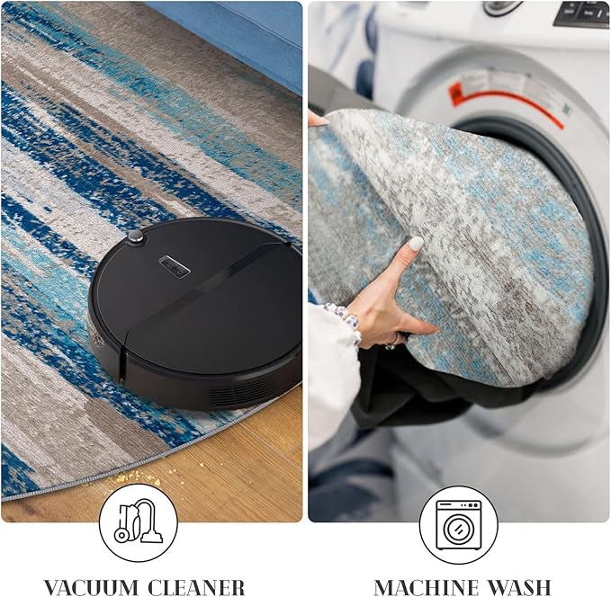 Lansny Modern Abstract Round Rug 6Ft, Blue Round Rug Washable Non-Slip Soft Small Circle Rug, Circular Dining Room Rugs Thin Print Faux Wool Carpet for Bedroom Living Room Office Playroom