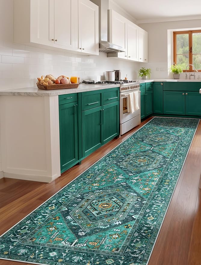 SERISSA Runner Rug for Hallways, 2'6"x12' Washable Non Slip Kitchen Runner Rug, Extra Long Boho Rug Ultra Soft Vintage Teal Print Floor Carpet for Bedroom Hallway Entryway Bathroom Laundry Room