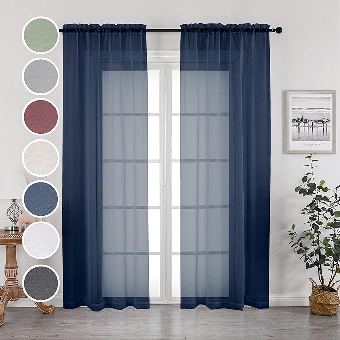 OWENIE Navy Blue Sheer Curtains 96 Inches Long 2 Panels Set, Elegant Sheer Curtains for Bedroom, Window Voile Sheer Curtain Panels/Drapes/Treatment for Living Room, 2Pcs, Each 42" W x 96" L