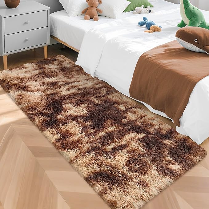 Super Soft Fluffy Living Room Area Rug 2x5 ft Tie-Dyed Brown Shaggy Furry Carpet Washable Non-Slip Floor Rugs Bedroom Bedside Nursery Rug Fuzzy Girls Boy Dorm Home Decor Aesthetic