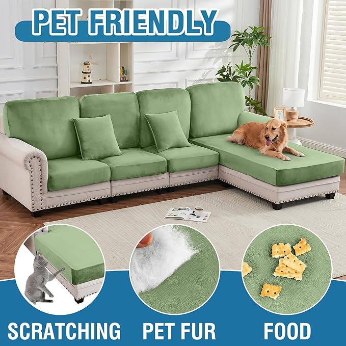 Couch Cover 4-Piece Elastic Velvet Couch Cushion Covers & Chaise Slipcovers for L-Shaped Sofas, Sofa Seat Covers Washable, Soft Cover for Couches (3 Seater + Chaise, Avocado Green)