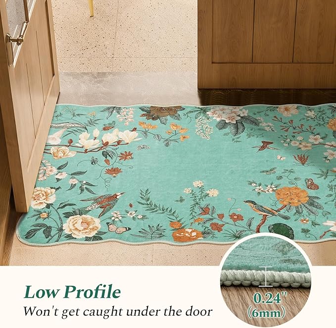 Rugflix 2x6 Runner Rug for Hallway, Washable Kitchen Runner Non Slip, Soft Low Pile Entryway Carpet, Vintage Floral Stain Resistant Long Laundry Room Rugs for Bedroom, Stairs
