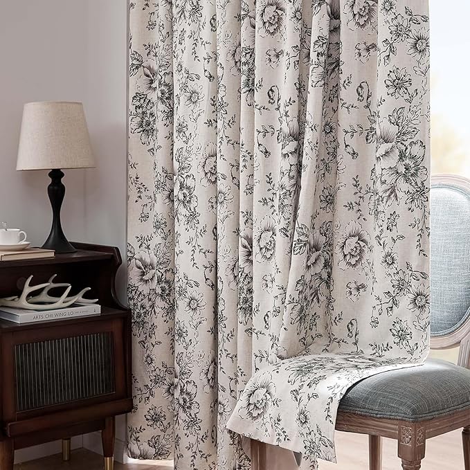 jinchan Blackout Floral Curtains for Living Room Bedroom Linen Blend Curtain Farmhouse Black Printed with Lined Back Tab Rod Pocket Drapes Window Treatments 2 Panels 102 Inch