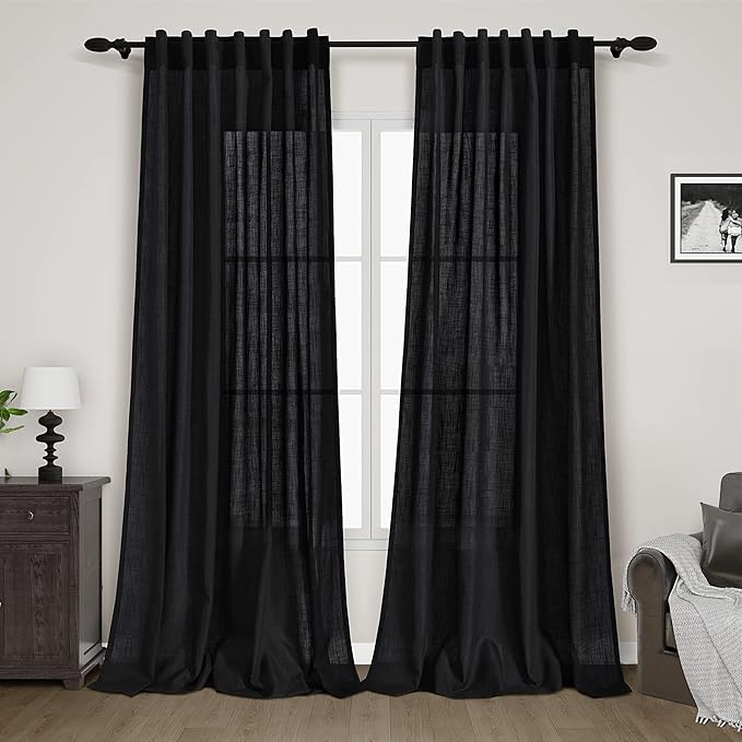 Nanspring Long Black Curtain 105 inches Long 2 Panels Set for Living Room Back Tab Modern Farmhouse Muslin Look Decor Cotton Textured Black Sheer Linen Curtains 105 inch Length for Large Window