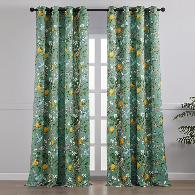 Topfinel Vintage Cottagecore Chinoiserie Curtains & Drapes Botanical Floral Flower Lemon Hummingbird Patterned Sage Green Pioneer Woman Blackout Curtains 96 Inches Long 2 Panels Living Dining Room