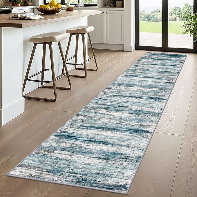 KOZYFLY Modern Abstract Kitchen Runner Rug, 2x10 Washable Rug Runner Non-Slip Soft Striped Hallway Runner Rugs, Light Blue Print Carpet Runner for Entryway Bathroom Laundry Room Foyer