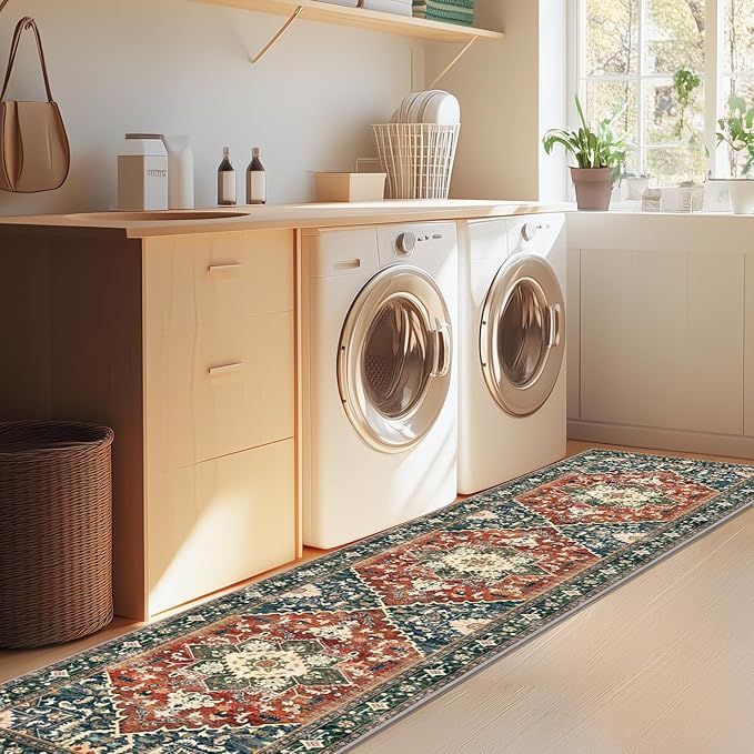 Yamaziot Washable Runner Rug, 2x8 Non-Slip Boho Vintage Hallway Rug Runner with Rubber Backing, Stain Resistant & Low Pile Faux Wool Distressed Carpet Runner for Kitchen, Laundry, Entrance, Brick Red