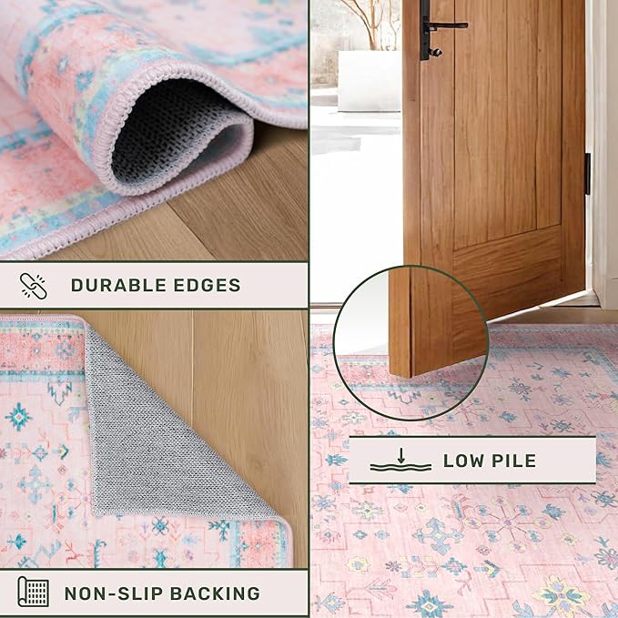 Hazo Haus Pink and Blue Washable 5x8 Living Room Rugs, Boho Aethestic Oushak Vintage Area Rug for Bedroom Girls Kids Playroom Nursery Room, Non-Slip Rubber Backing Stain Resistant
