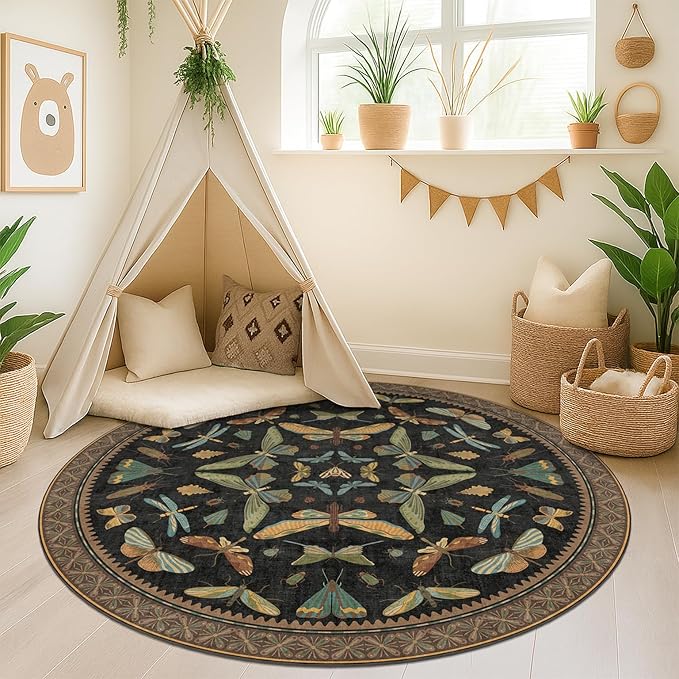 Hazo Haus Washable Black 6ft Round Area Rugs for Bedroom Beside Bed - Dark Unique Insect Print Circle Rug for Living Room, Dining Room, Vintage Nature Insect Design, Low Pile & Soft