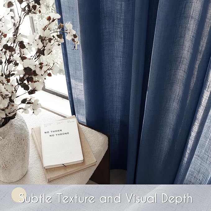 Navy Blue Curtains 120 inch Length for Bedroom Back Tab Light Filtering Semi Sheer Blue Living Room Curtains Linen Cotton Textured Indigo Blue Drapery Panel Modern Aesthetic Decor 42" Wx120" L