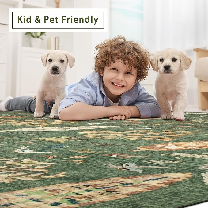 Washable Rugs 8x10 Area Rugs for Living Room,Bedroom,Dining Room- Large Ultra Soft Faux Wool Retro Carpet,Non Slip&Non-Shedding Low Pile Vintage Print Rug for Home Office Dorm-Grass Green