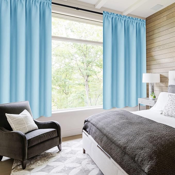 DWCN Blackout Curtains Room Darkening Thermal Insulated Bedroom Curtains Window Treatments, 42 x 45 inches Long, Set of 2 Light Blue Rod Pocket Drapes
