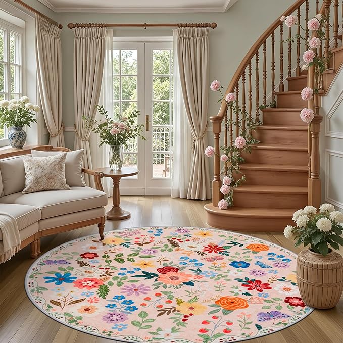 Round Area Rug for Living Room: 6 ft Floral Washable Circle Rug Soft Boho Non-Slip Carpet Indoor Stain Resistant Low Pile Small Circular Rug for Bedroom Entryway Kitchen Nursery Home Office Beige