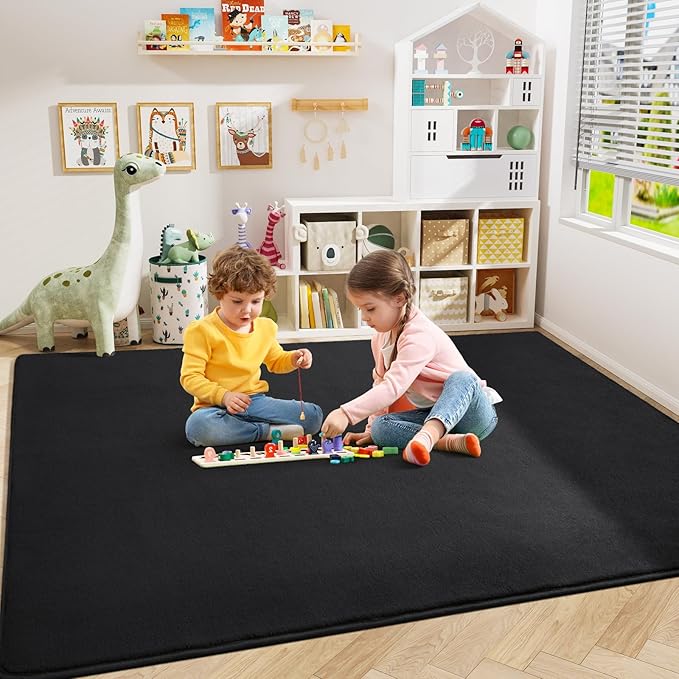 Amearea Modern Area Rugs for Bedroom Living Room, 4x6 Feet Black Thickened Memory Foam Rug, Fluffy Indoor Washable Rugs Non Slip Minimalist Carpet for Kids Boys Girls Dorm Nursery Room Decor
