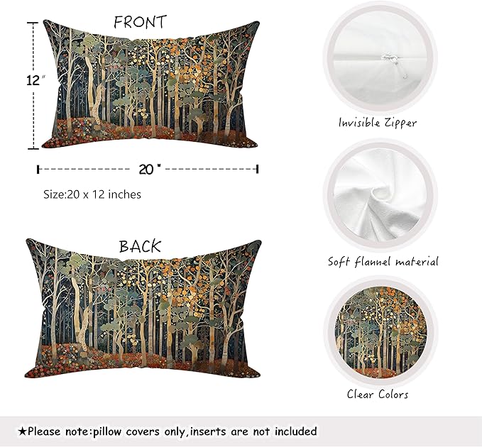 Rustic Autumn Forest Pillow Covers 20x12 Set of 2, Fall Home Room Decor, Vintage Botanical Nature William Morris Inspired Decorative Throw Pillow Covers for Home Bedroom Living Room