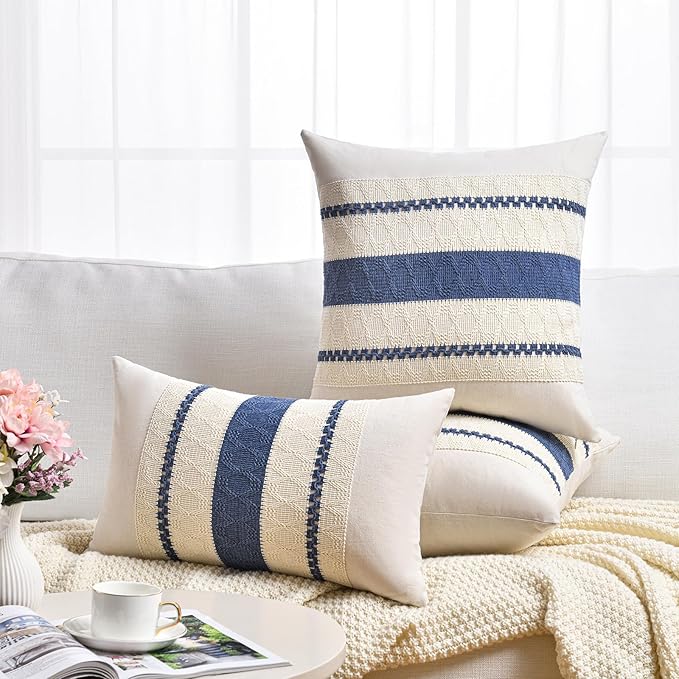 Fancy Homi Set of 1 Dusty Blue Vintage Long Lumbar Decorative Throw Pillow Covers 12x24 Inch for Couch Bed Sofa Chair Bedroom, Rustic Retro Square Cushion Case, Modern Farmhouse Boho Room Decor