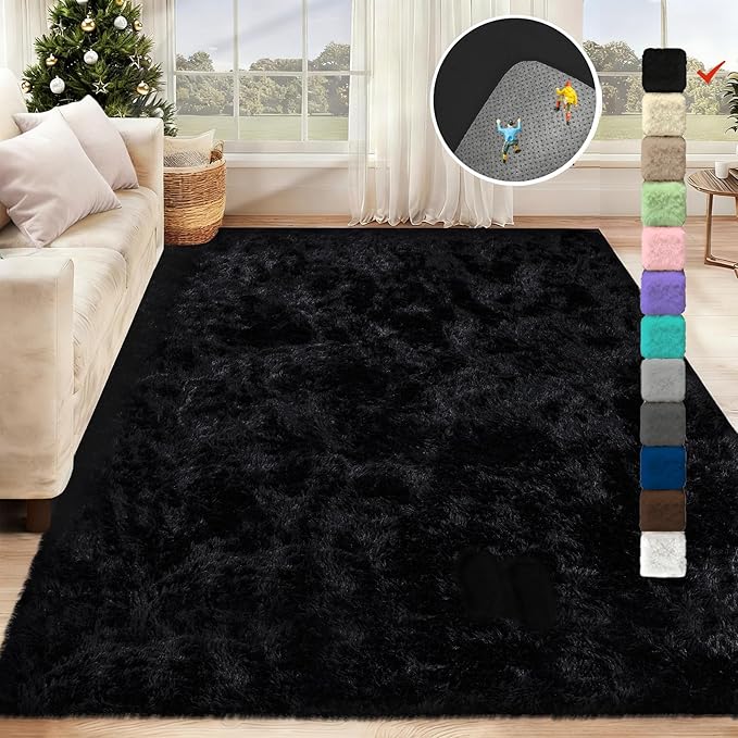 5x7 Area Rug for Living Room: Fluffy Shag Soft Washable Rugs Fuzzy Plush Indoor Carpet for Bedroom Nursery Playroom Dorm Kids Girls Boys Room (Black, 5'x7')