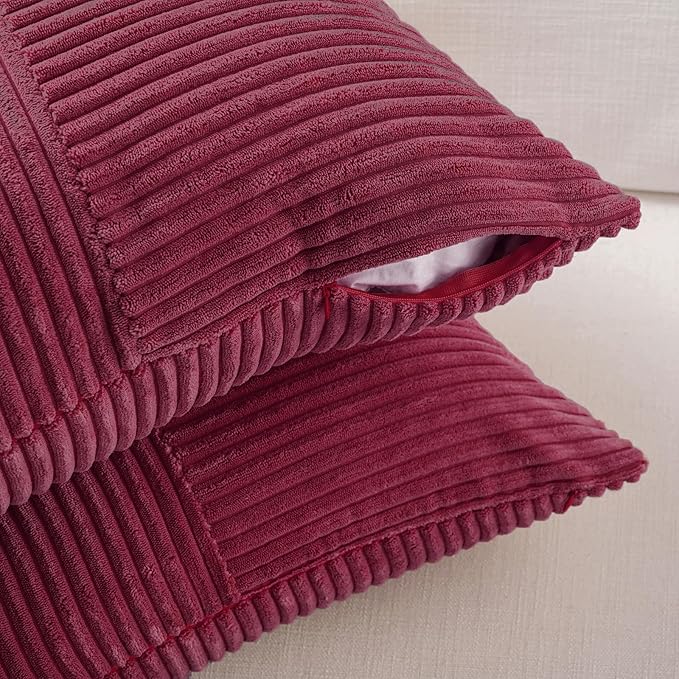 Fancy Homi 2 Packs Burgundy Lumbar Decorative Throw Pillow Covers 14x22 Inch for Living Room Couch Bed, Farmhouse Boho Home Decor, Soft Striped Corduroy Rectangle Accent Cushion Case 35x55 cm