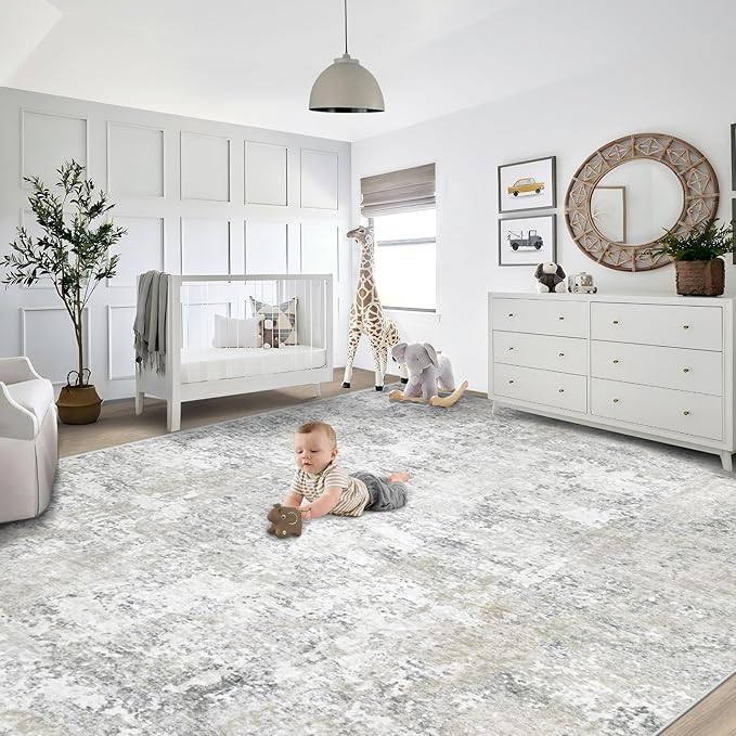 9x12 Area Rug for Living Room, Washable Modern Abstract Large Area Rug Neutral Soft Non Slip Kids Rug Stain Resistant Indoor Carpet for Bedroom Dining Room Playroom Office(BeigeGrey, 9'x12')
