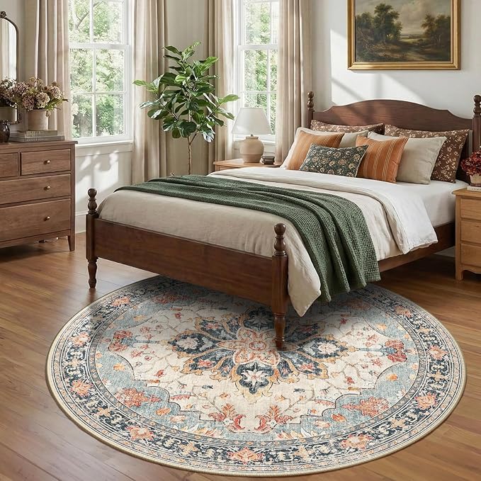 8ft Round Rug, Area Rugs 8ft, Washable Rug, Non-Slip, Rugs for Living Room for Bedroom, Circle , Vintage Rugs Boho Floral Medallion, Low Pile, Soft, Beige Dark Blue Navy Red