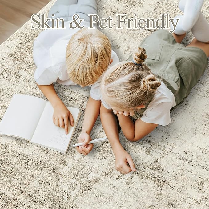 Soalmost Abstract Rug 5x7 Machine Washable Area Indoor Beige Gray White Low Pile Non-Slip Foldable Thin Accent Rugs for Bedroom Living Room Dining Room Grey