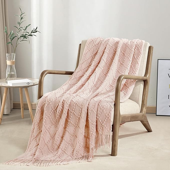 BOURINA Pink Throw Blanket 50 x70 Inches Jacquard Argyle Throw Textured Solid Soft Throws and Blankets for Sofa or Bed Knitted Decorative Blanket