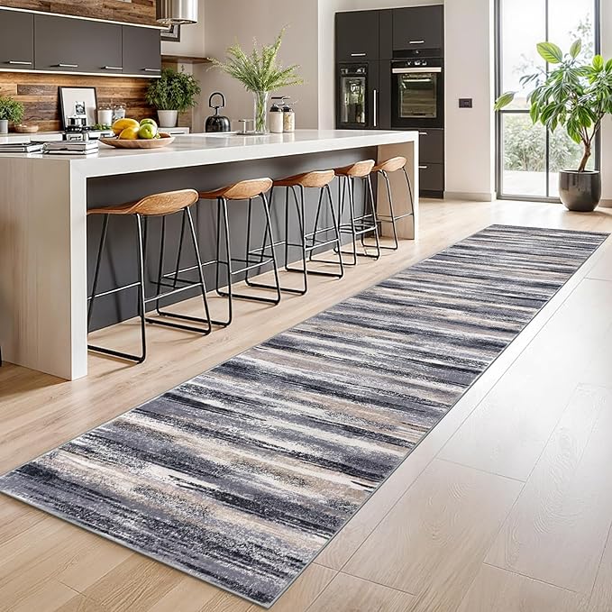 Lansny Modern Abstract Runner Rug 2.6x14, Grey Black Multi Washable Long Kitchen Runner Non-Slip Soft Hallway Rug Runner Thin Print Faux Wool Carpet for Entryway Bedroom Laundry Room Indoor HomeDecor