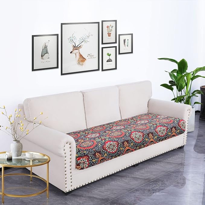 hyha Printed Couch Cushion Covers, Floral Sofa Covers Washable for 3 Cushion Couch, Stretch Pattern Outdoor Cushion Covers for Patio Furniture with Elastic Bottom(Large, Mandala Floral)