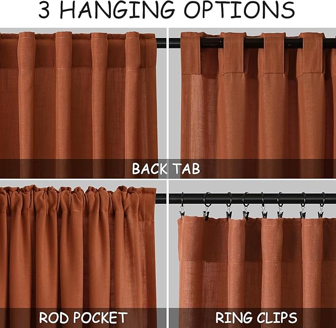 Nanspring Rustic Farmhouse Linen Curtains 96 Inches Long 2 Panel Set Back Tab Terracotta Boho Curtain for Living Room Semi Sheer Light Filtering Luxury Home Decor for Bedroom Dining Room 60x96
