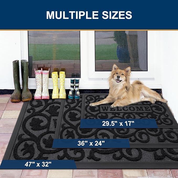 Smiry Welcome Door Mat Outside Entrance, Heavy Duty Trap Dirt and Moisture Easy Clean Low Profile Patio Porch Indoor Outdoor Front Doormat for Entry, 35x23 Inch, Black