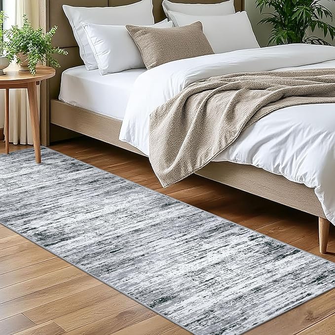 Lansny Modern Abstract Bedroom Runner Rug 2x7, Black Grey White Washable Kitchen Runner, Non-Slip Soft Thin Faux Wool Mat for Entryway, Hallway, Laundry Room, Indoor Home Decor