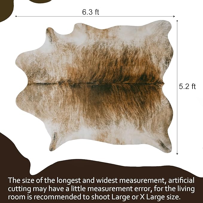 AROGAN Western Decor Faux Fur Cowhide Rug, 6.2 x 5.2 Feet Premium Animal Skin Cow Hide Rug, Durable Cow Print Rugs for Wall Decor, Western Floor Carpet for Bedroom Living Room, Brownish